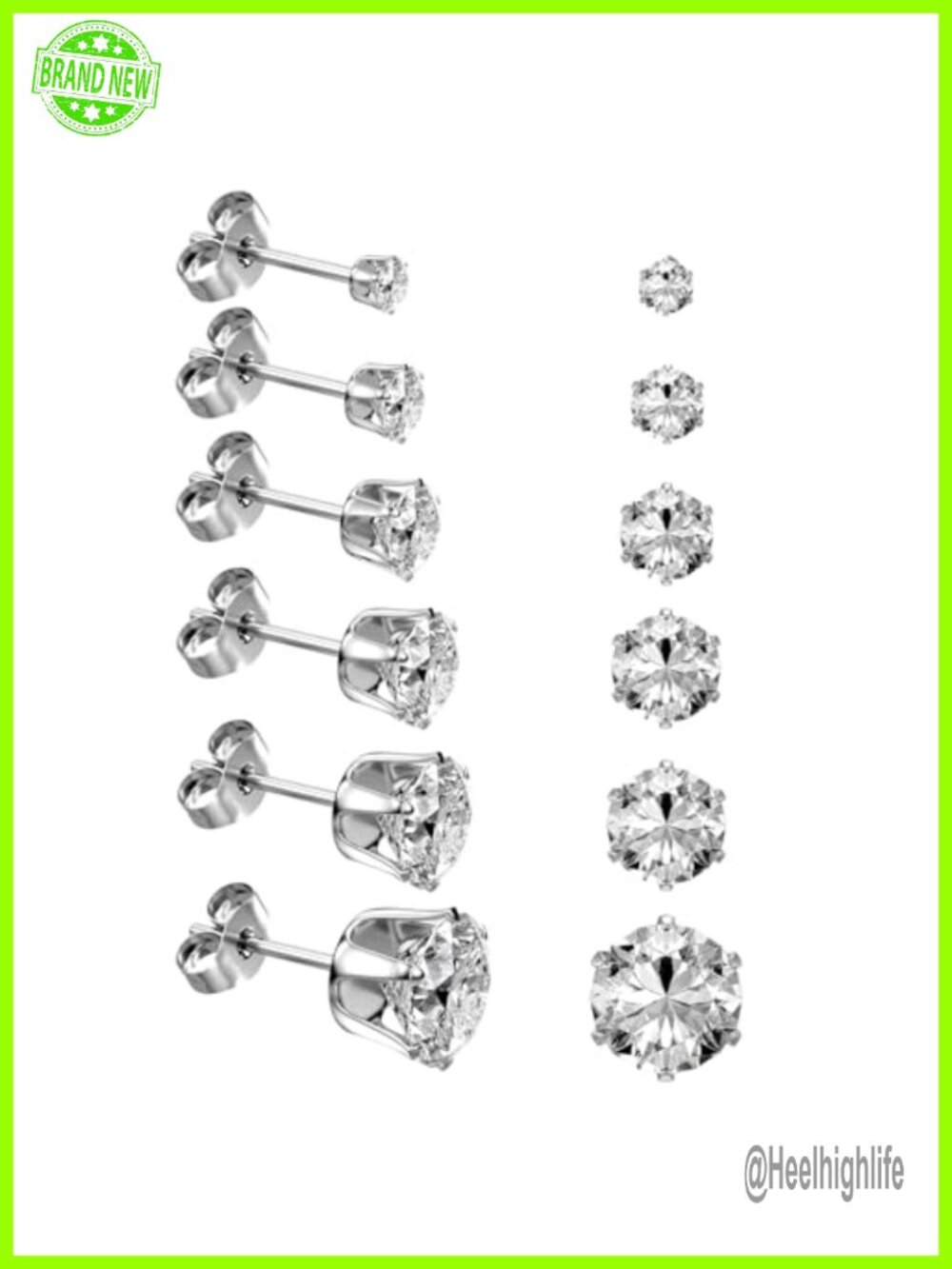 Stainless Steel Cubic Zirconia Stud Earrings Set 6 Pairs Surgical Steel